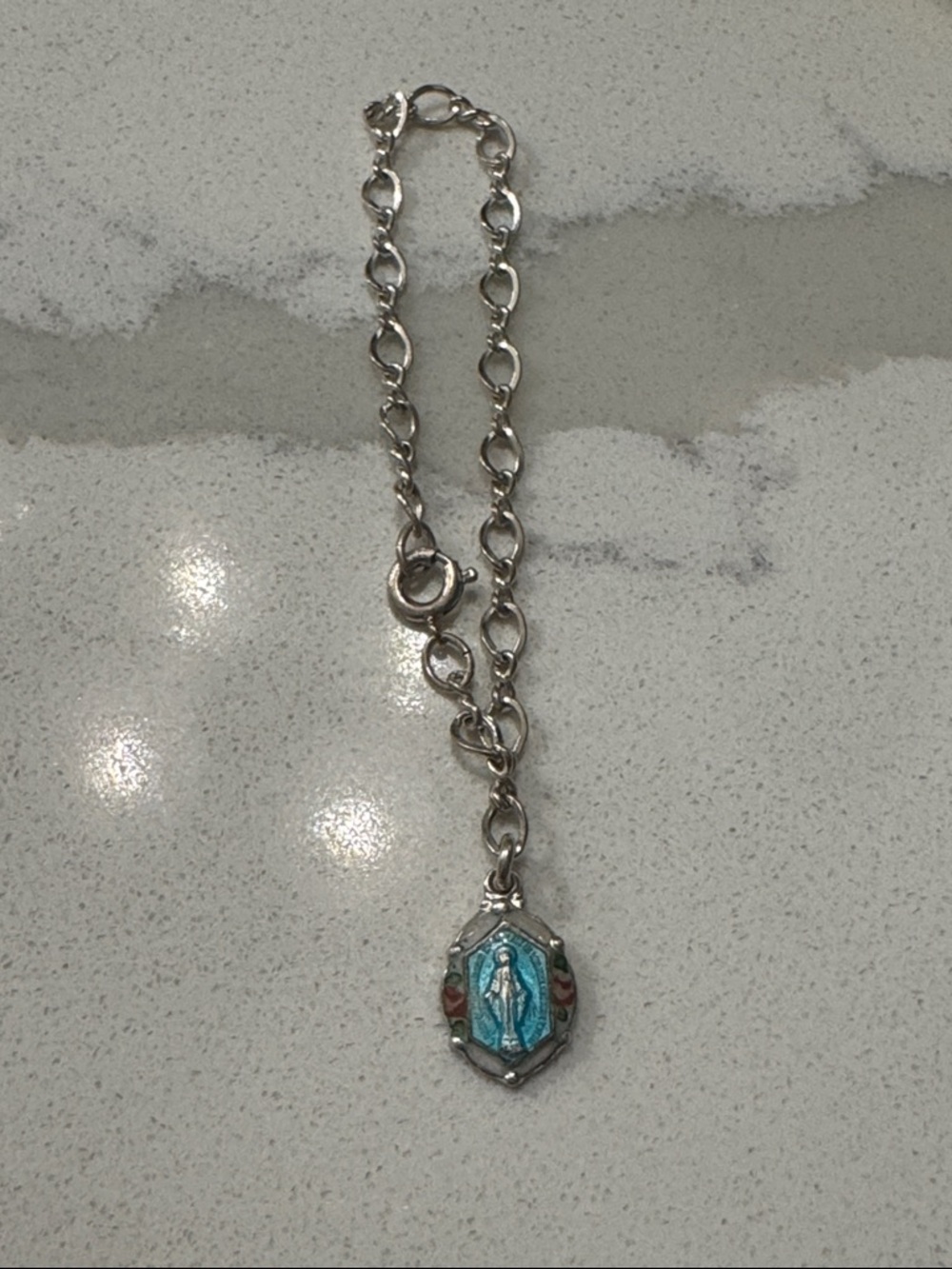 Miraculous Sterling Silver with Blue Enamel Religious Pendant Necklace